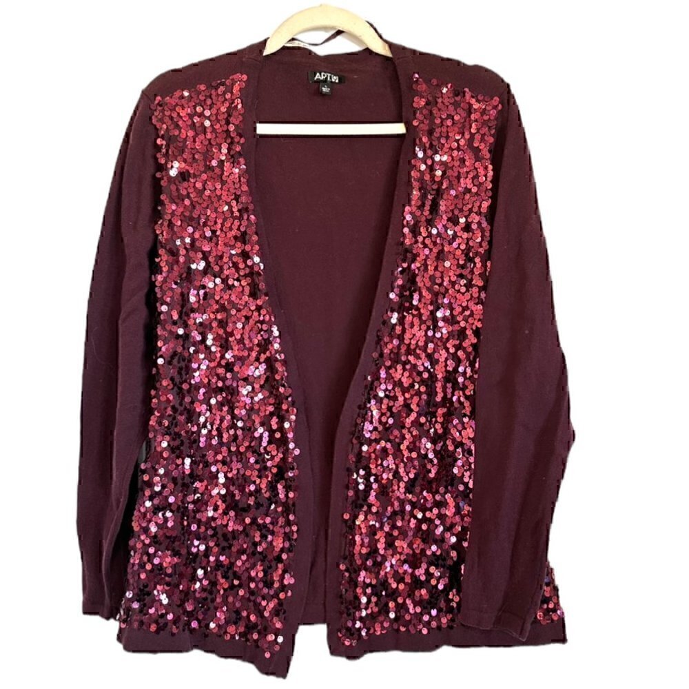 Sequin embellished plum berry open front cardigan, size L